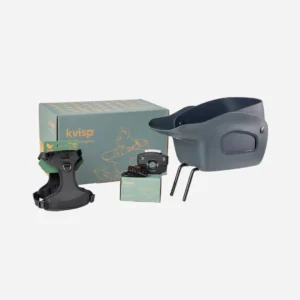 Overview-of-the-contents-of-a-Kvisp-dog-carrier-box-with-safety-harness-mounting-set-and-Kvisp-basket-in-the-color-Midnight- for sale on Planet of Bikes